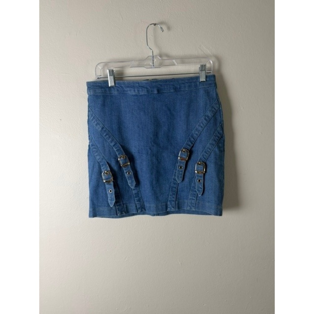Denim Blvd Los Angeles Blue Denim Buckle Harness Mini Skirt Womens Large L